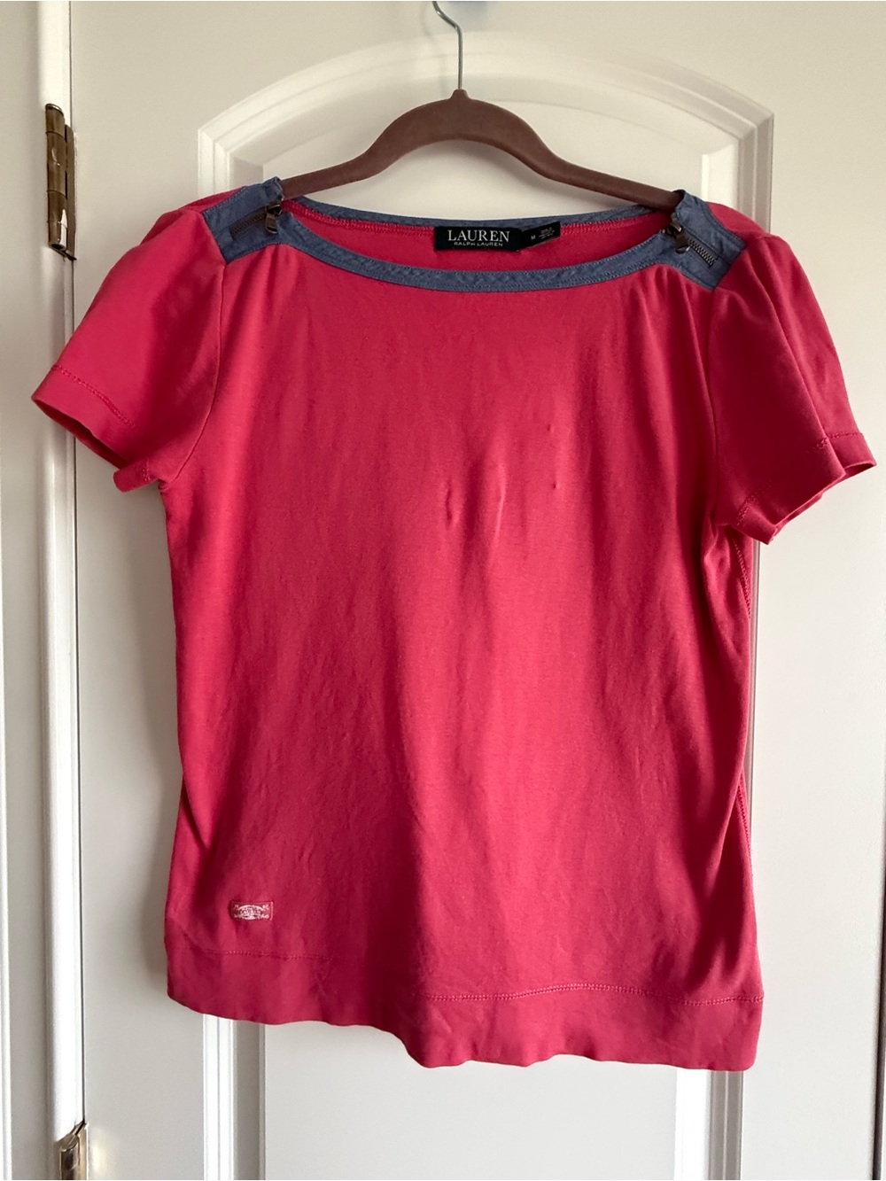 Lauren Ralph Lauren Pink Short-Sleeve Cotton Top, Contrast Trim & Zip Details, M